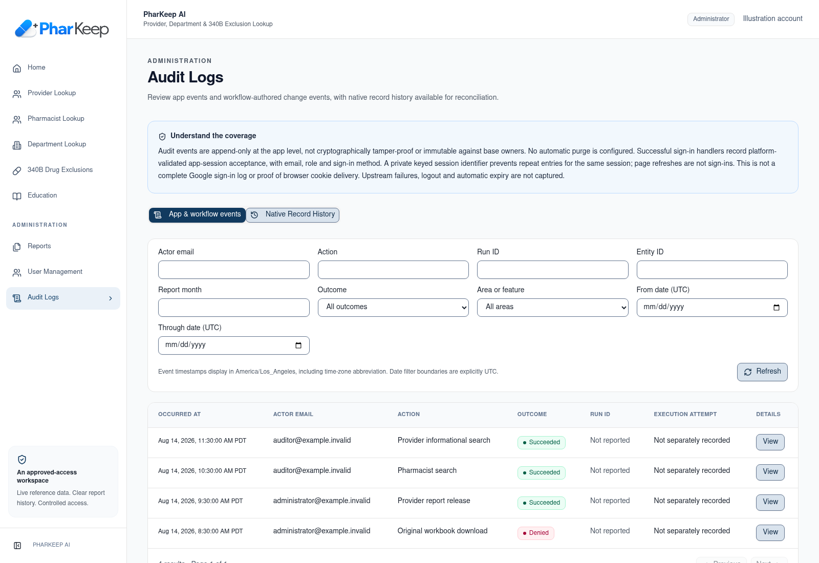 Audit log with fictitious example.invalid actors and synthetic provider search, pharmacist search, report release, and denied download events.
