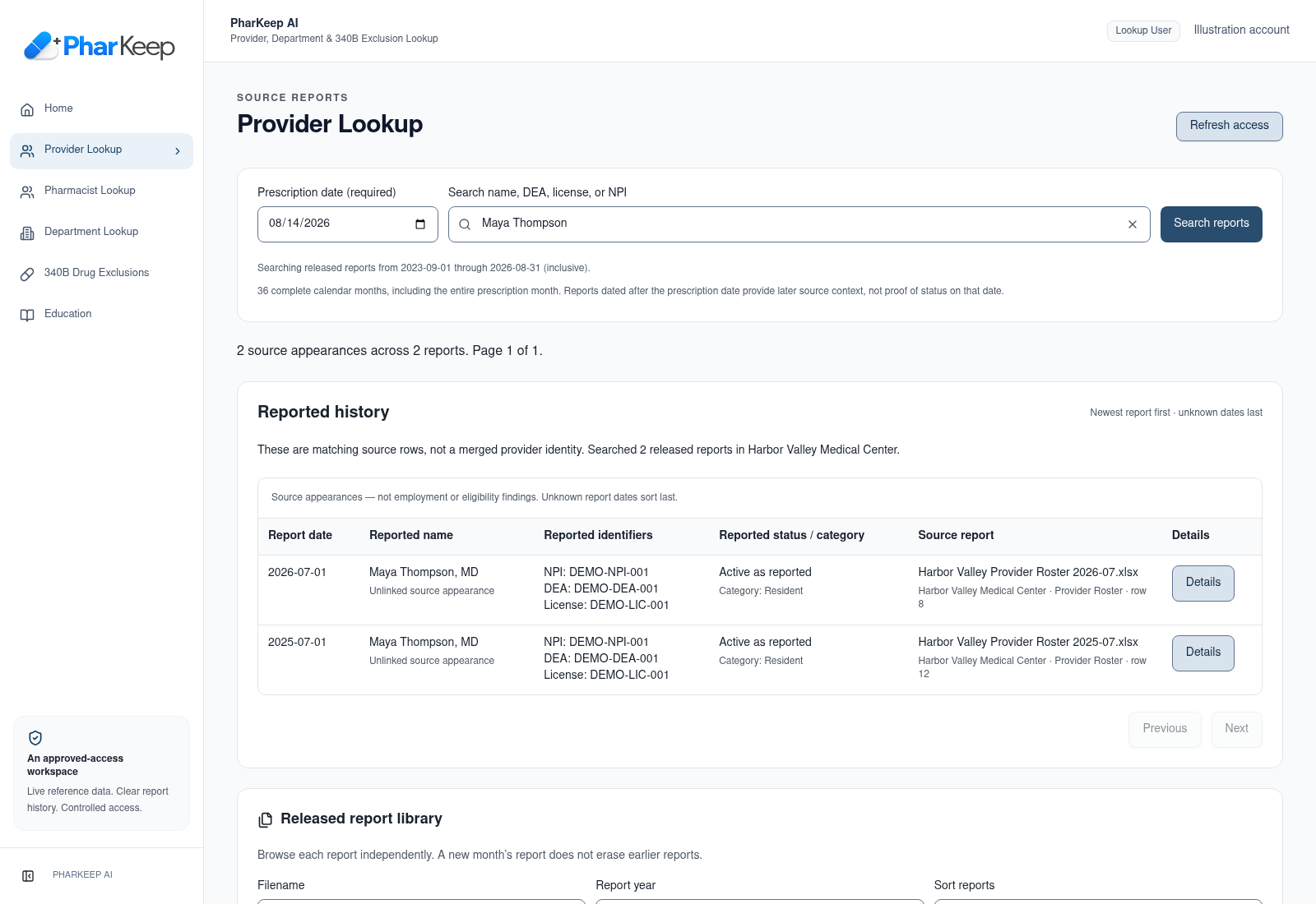 PharKeep provider lookup for fictitious Maya Thompson, showing a prescription date of August 14, 2026 and two source appearances from July 2026 and July 2025.