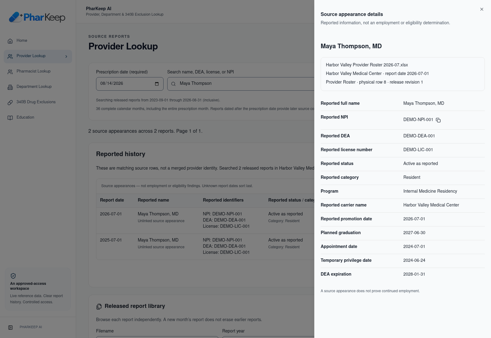 Provider source drawer with fictitious DEMO identifiers, residency information, appointment dates, and workbook provenance.