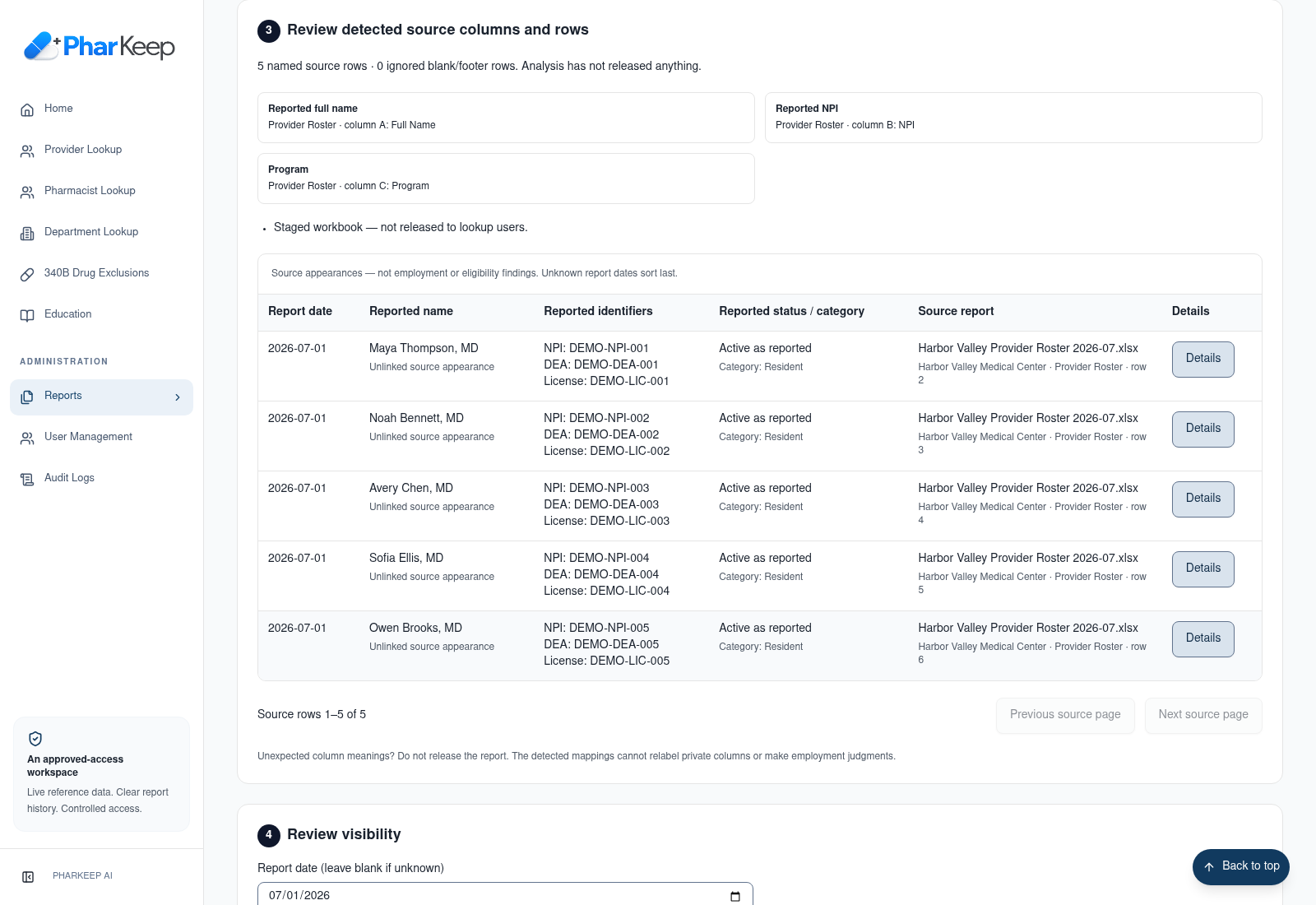 Administrator review of a staged fictitious provider workbook, showing detected columns, five source rows, and the not-released warning.